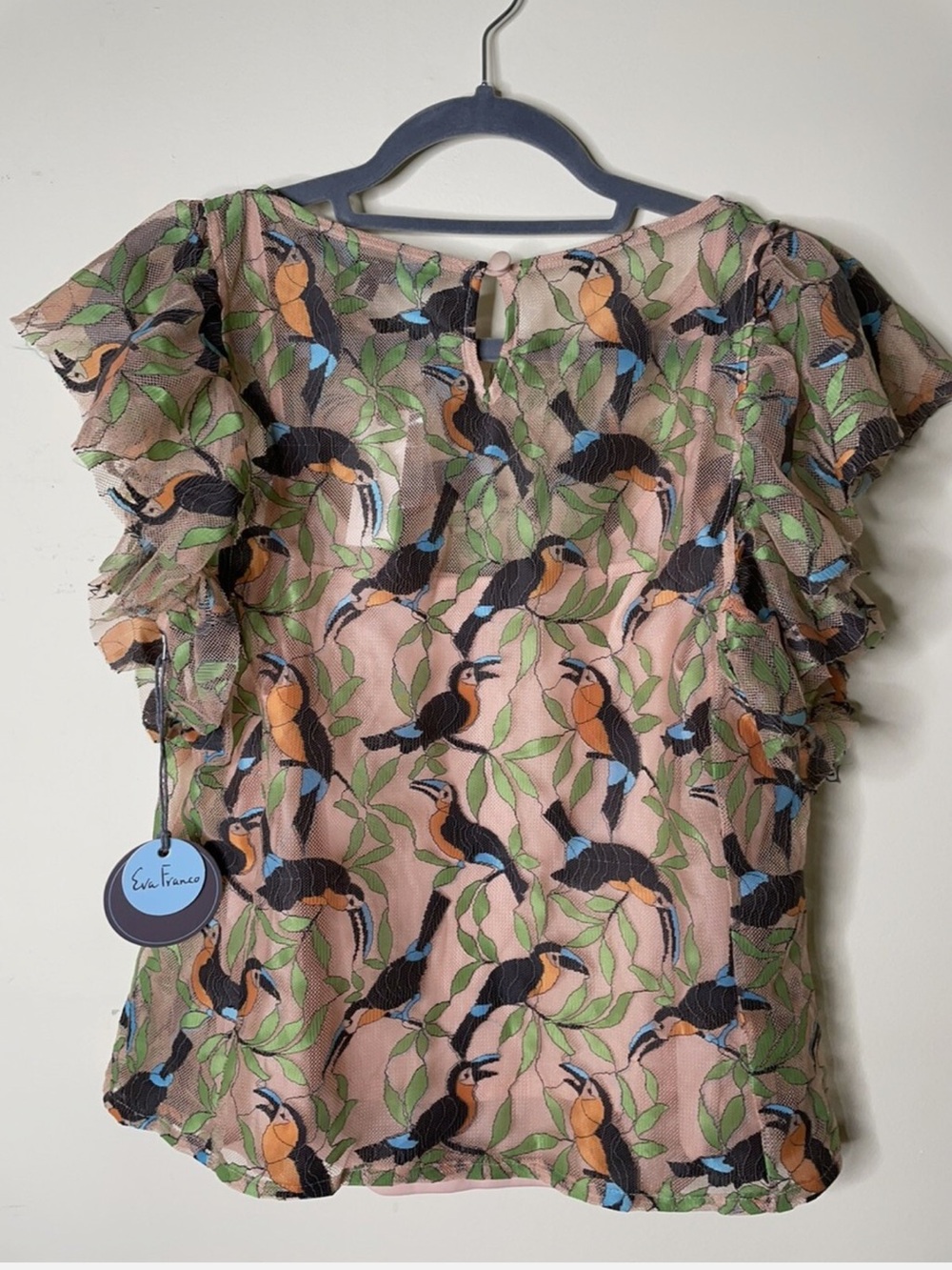 Anthropologie Eva Franco Toucan Print Ruffle Sleeve Top - Picture 5 of 5